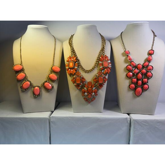 3 pink coral statement bib flower floral bling enamel necklaces bundle lot - Picture 1 of 16
